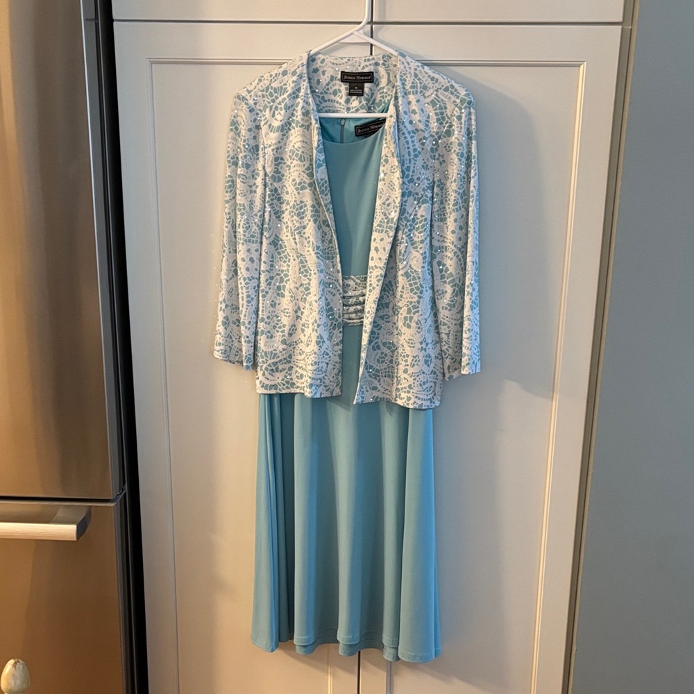 Jessica Howard Light Blue Dress with White Lace Jacket